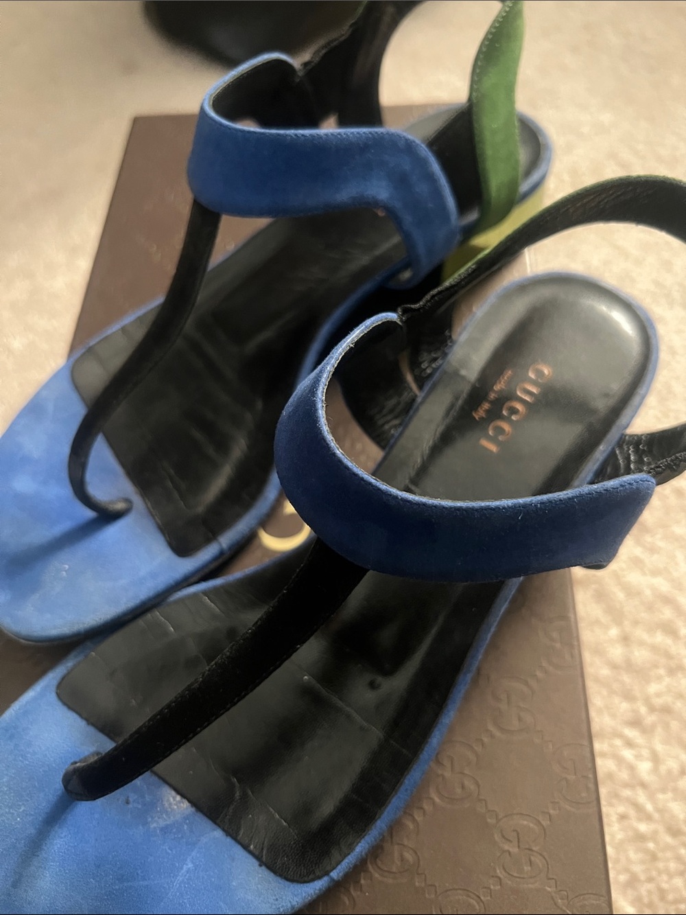 Gucci Blue Suede T-Strap Heels with Green Heel Accent